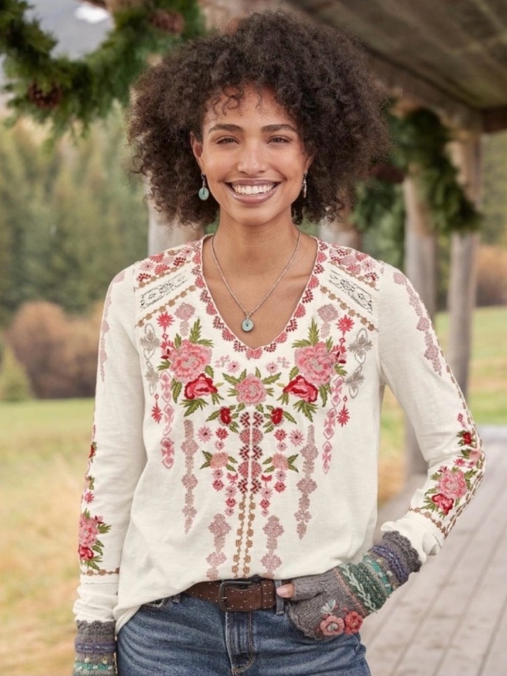Sundance XL Glacier Garden Embroidered Long Sleeve Top White - Picture 2 of 6